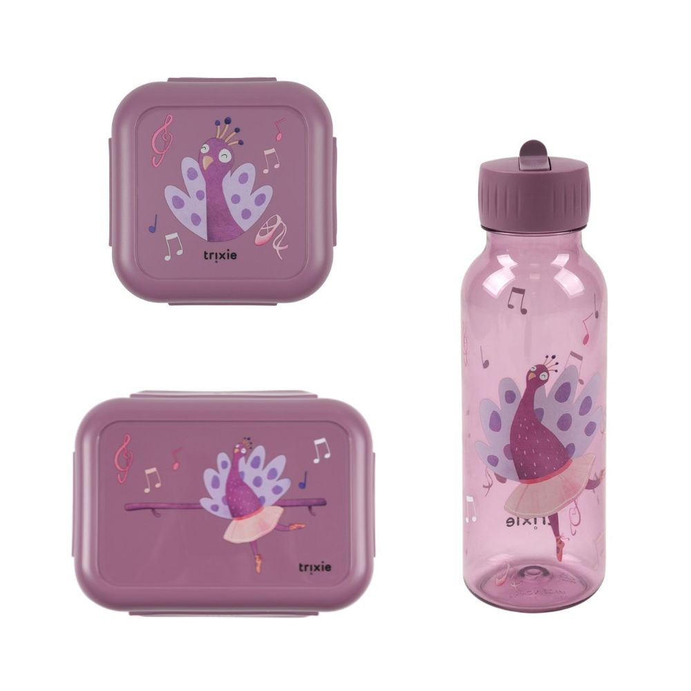 Trixie - Leakproof School Lunch Box, Snack Box & Tritan Bottle Set - Mrs. Peacock - 3 Pcs