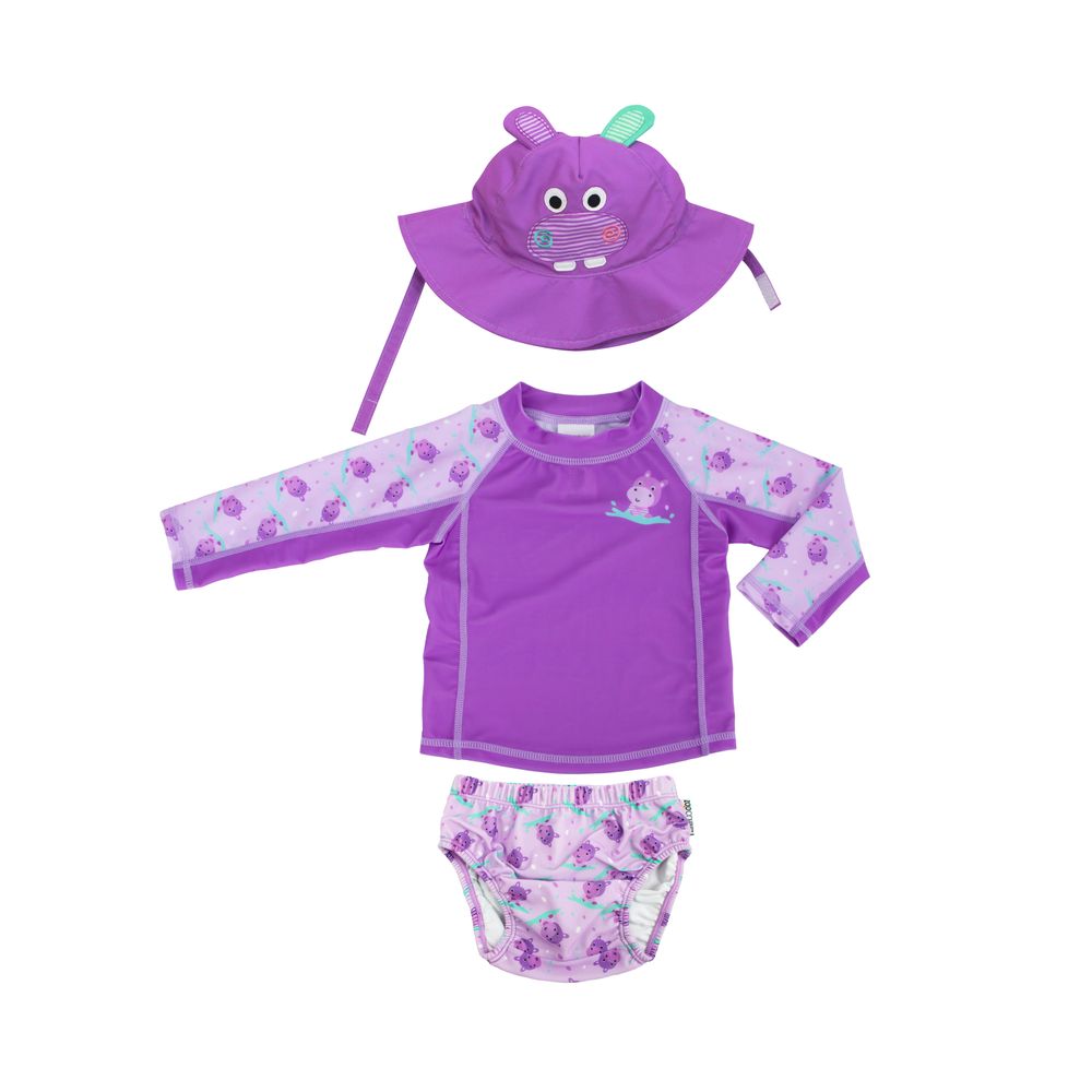 Zoocchini Baby Swim Set Rash Guard Top, Swim Diaper & Sun Hat - Hippo