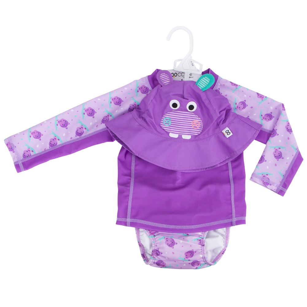 Zoocchini Baby Swim Set Rash Guard Top, Swim Diaper & Sun Hat - Hippo