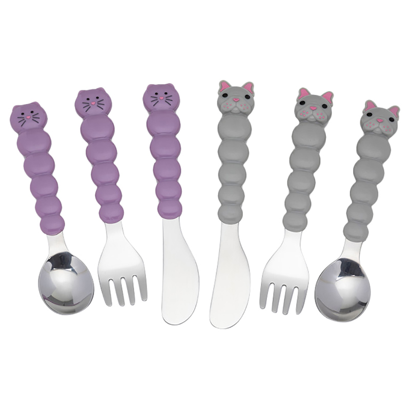Melii Utensil Set - 6pcs - Purple Cat & Grey Bulldog