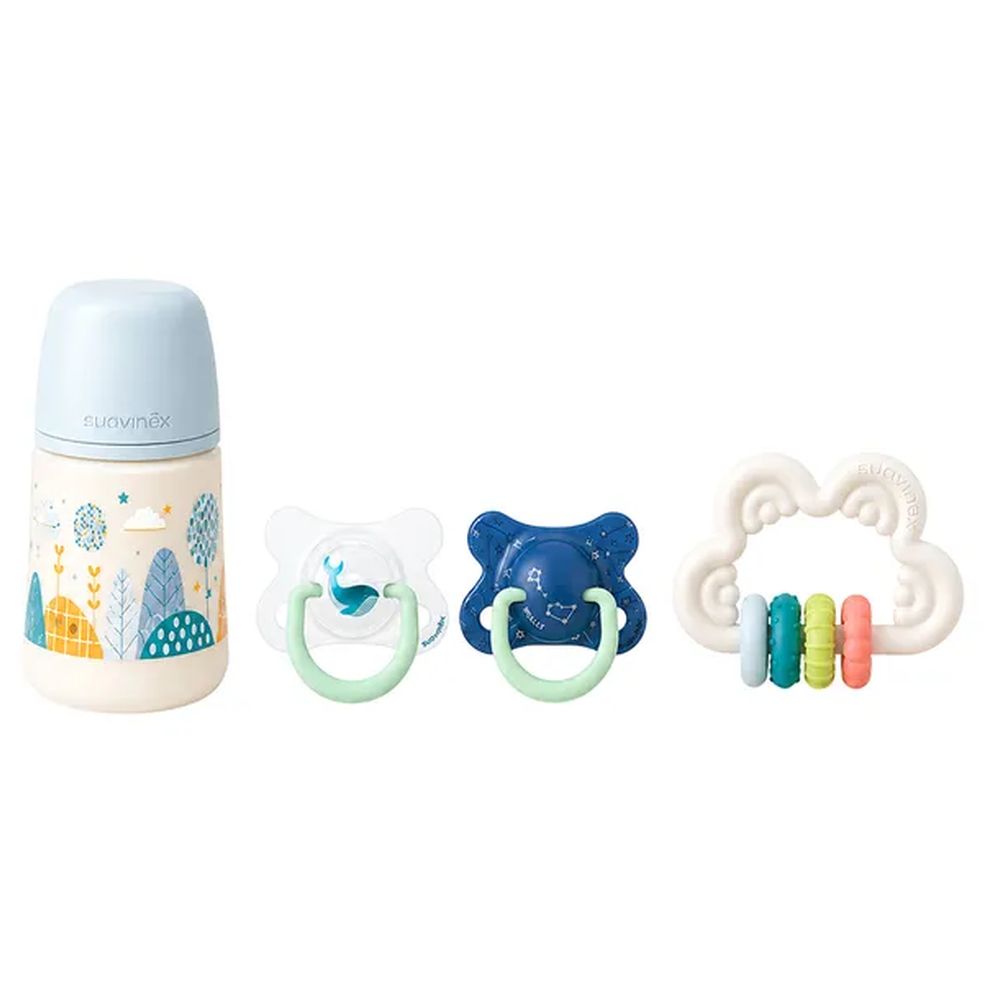 Suavinex - Baby Feeding And Pacifier Bundle - Night Pacifier -2-4M With Feeding Bottle 150ml And Silicone Teether
