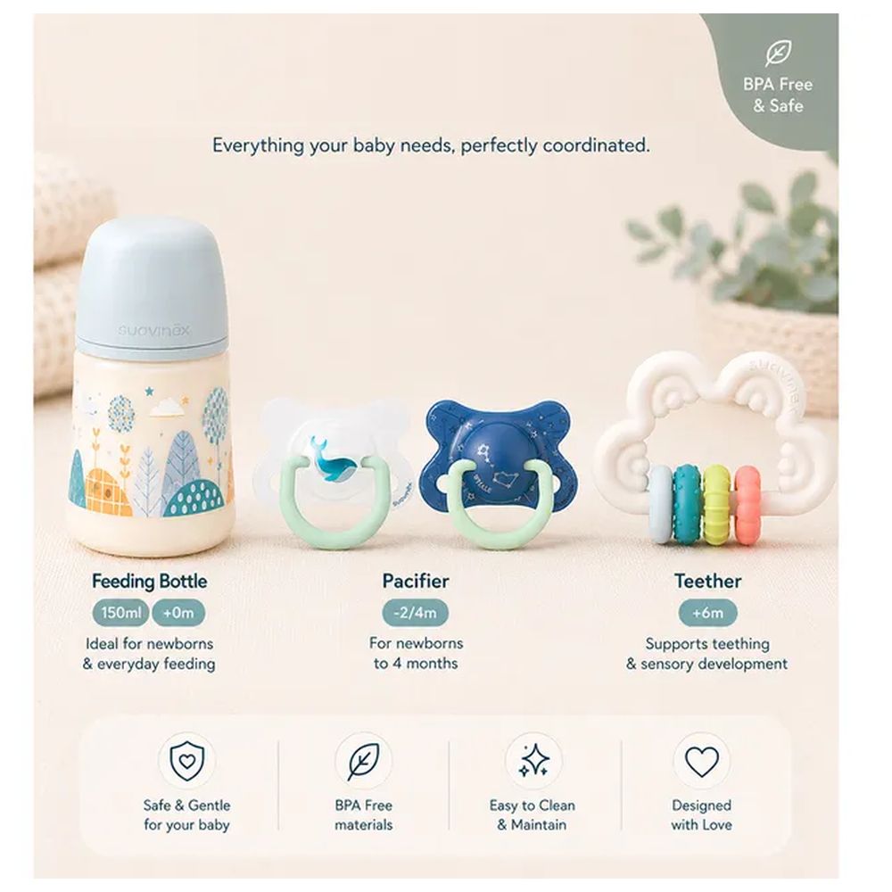 Suavinex - Baby Feeding And Pacifier Bundle - Night Pacifier -2-4M With Feeding Bottle 150ml And Silicone Teether