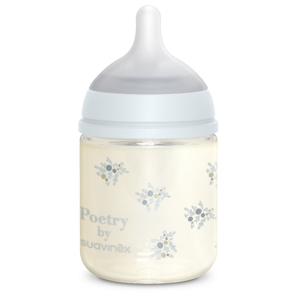 Suavinex - Poetry Glass Bottle With SXPro Physiological Silicone Teat - 0M - Blue - 120ml