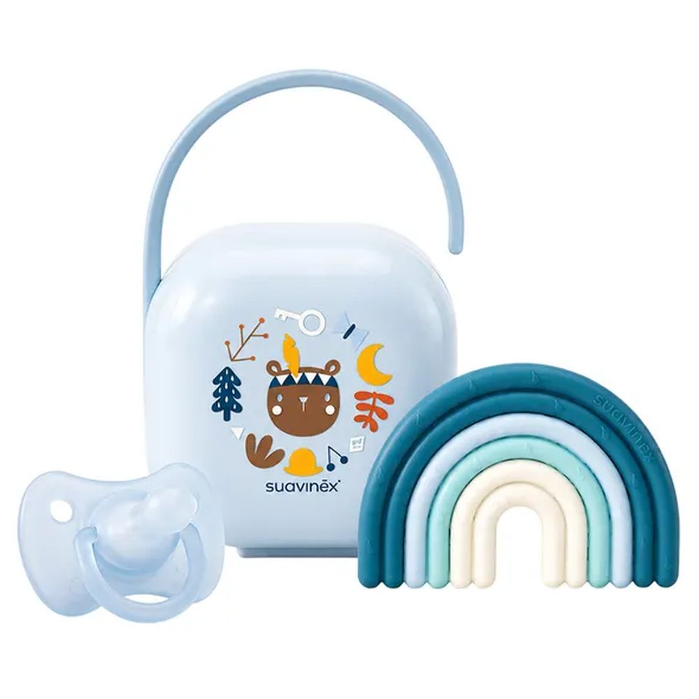 Suavinex - Forest Soother Holder Pacifier Clip With Silicone Soother and Teether - Blue