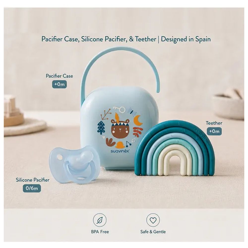 Suavinex - Forest Soother Holder Pacifier Clip With Silicone Soother and Teether - Blue