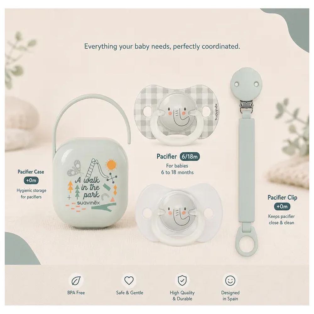 Suavinex - Baby Pacifier Essentials Set - Night Pacifier, Pacifier Clip With Ribbon And Pacifier Holder