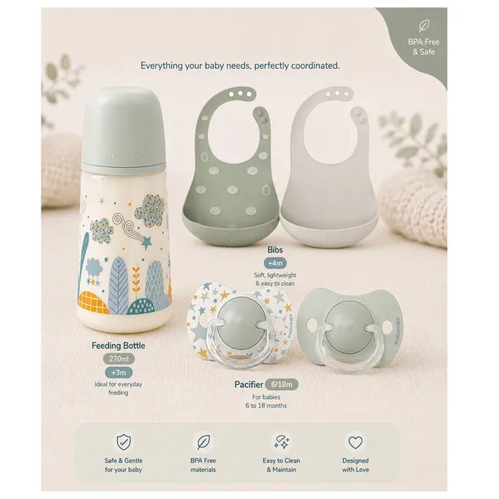 Suavinex - Feeding & Comfort Combo - Feeding Bottle 270ml With Silicone Bibs And 6-18M Pacifier