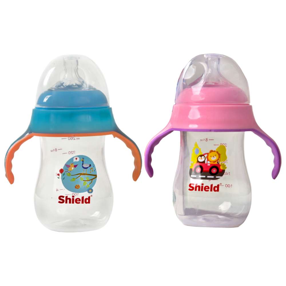 Shield Baby - PP Wide Neck Feeding Bottle With Handle - 260 ml - Color May Vary - 1 Pc