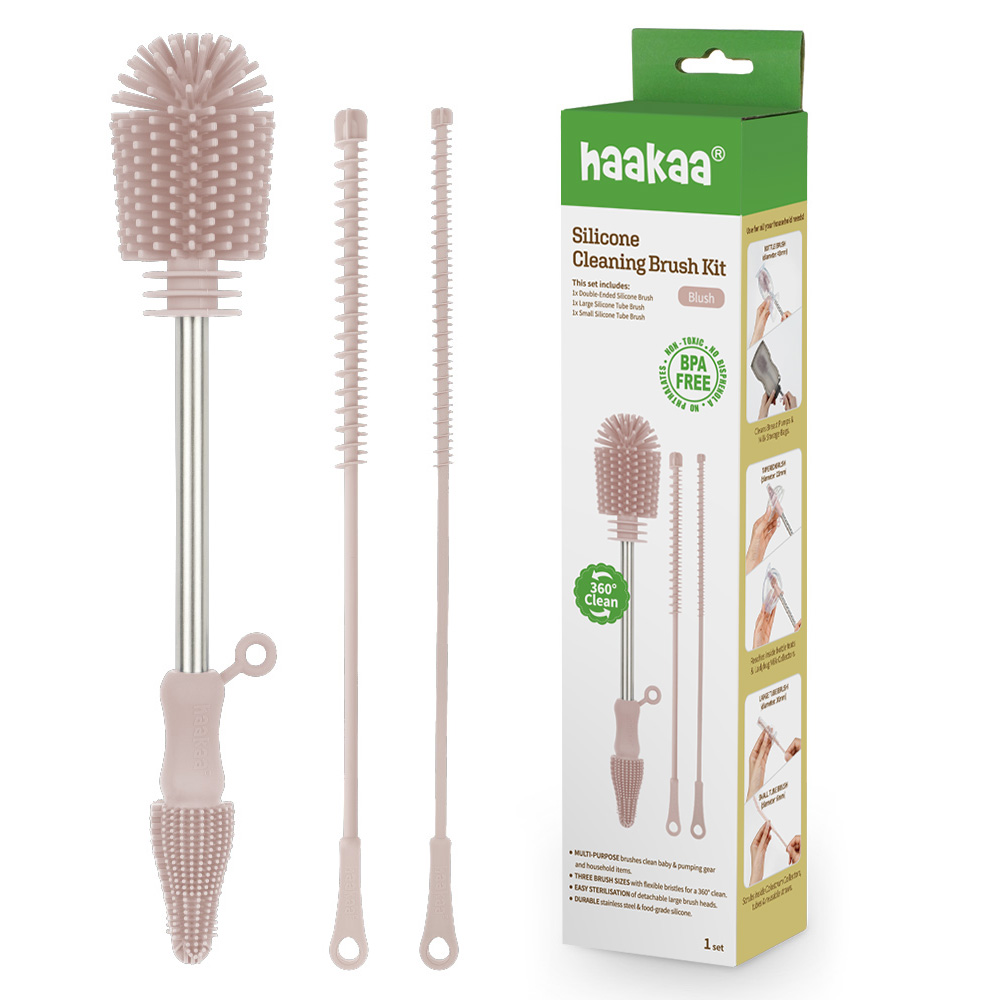 Haakaa - Silicone Double Ended Baby Bottle Cleaning Brush Set - Blush