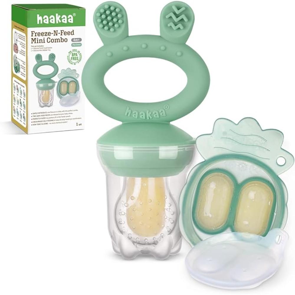 Haakaa - Freeze-N-Feed Fresh Food Feeder Teether And Nibble Tray Set - Pea Green - 2pcs