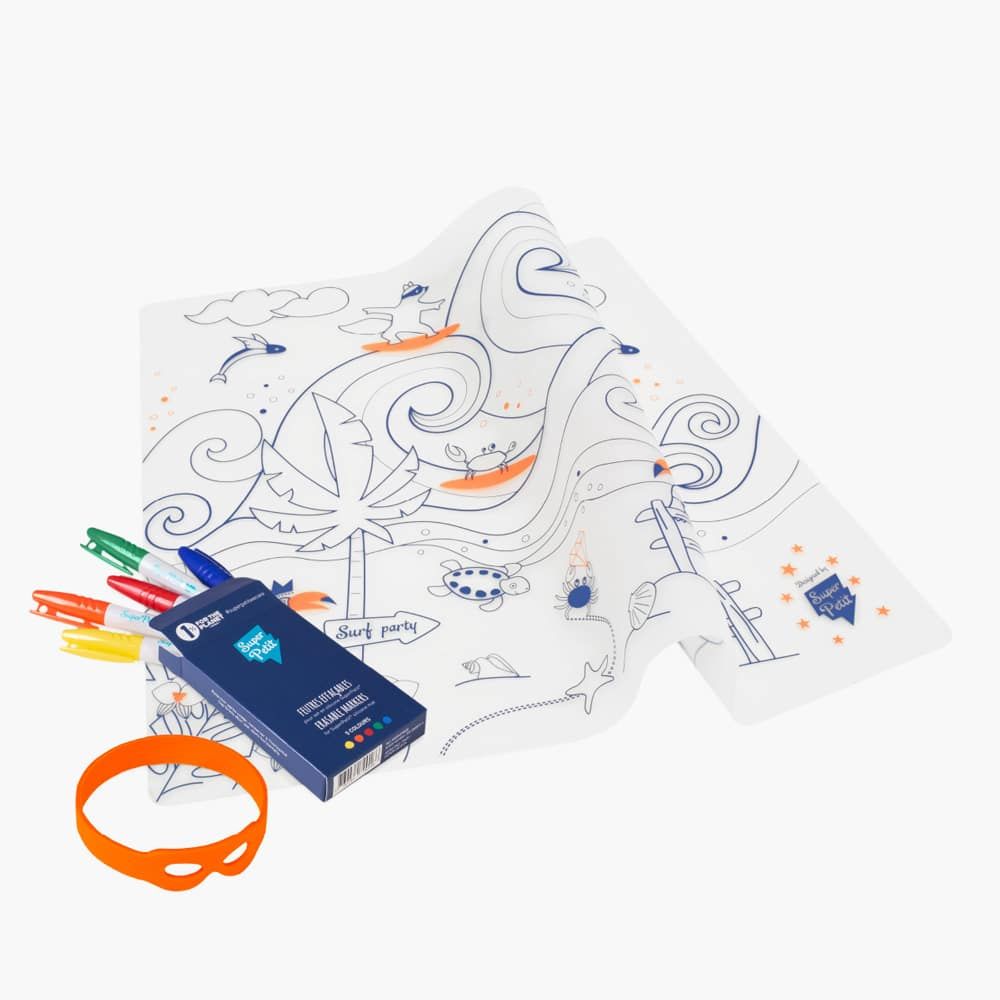 Super Petit - Colouring Mat, 5 Markers And Wristband Set - Surf Party