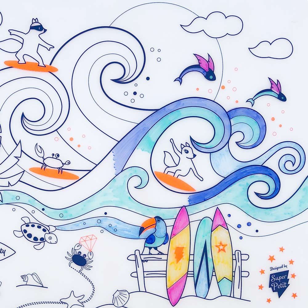 Super Petit - Colouring Mat, 5 Markers And Wristband Set - Surf Party