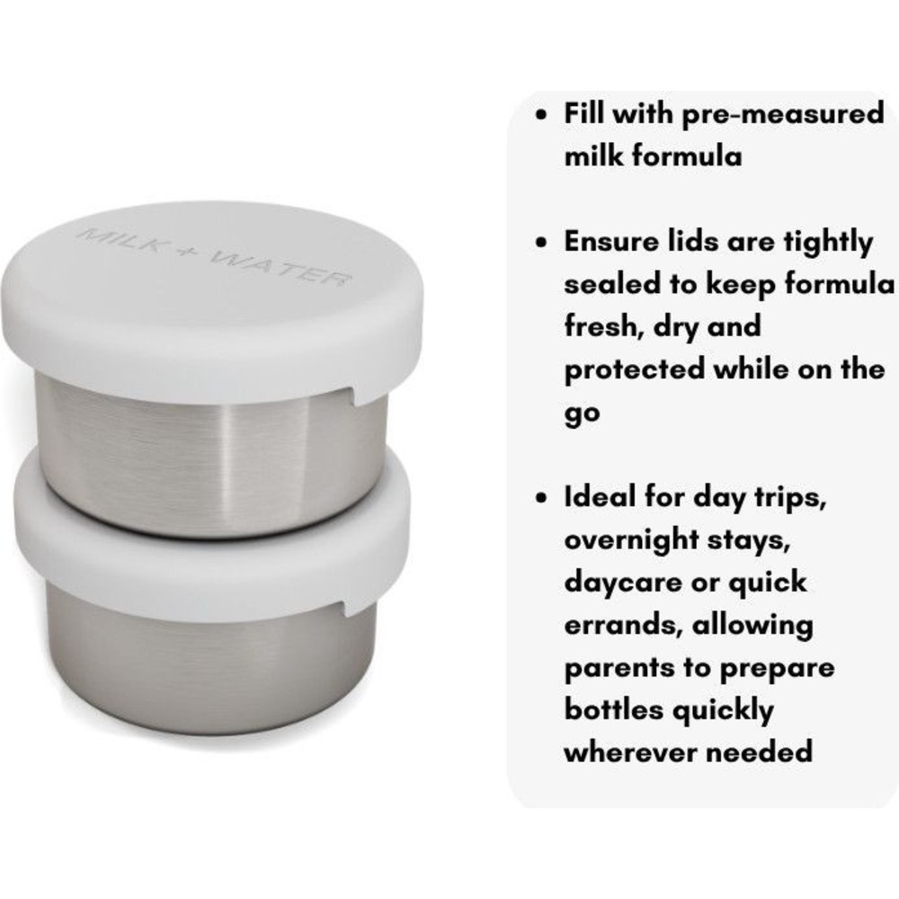 Milk + Water - Stainless Steel Formula Pots With Silicone Lid - Silver - 2 Pc Set - 100 ml