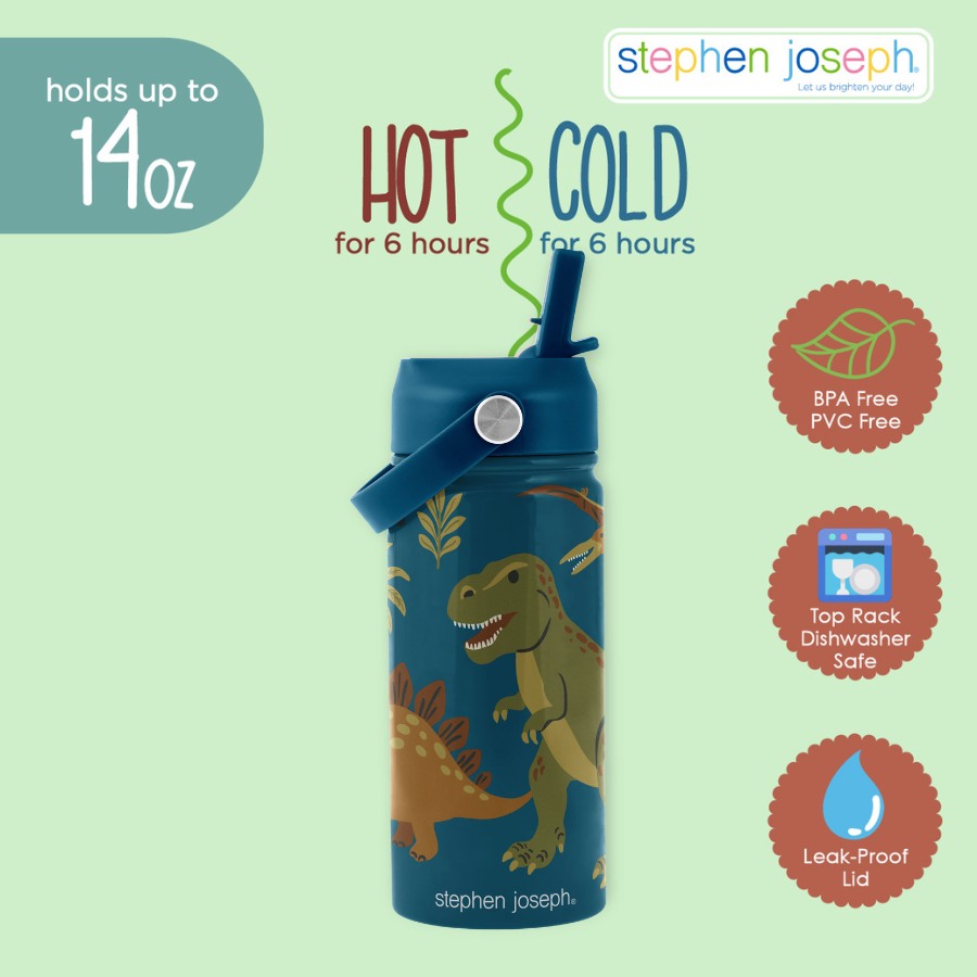 Stephen Joseph - Navy Dino Insulated Stainless Steel Water Bottle - Green - 414 ml