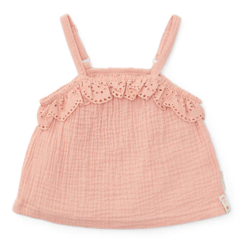Little Dutch Muslin Broderie Ruffle Top Flower - Pink