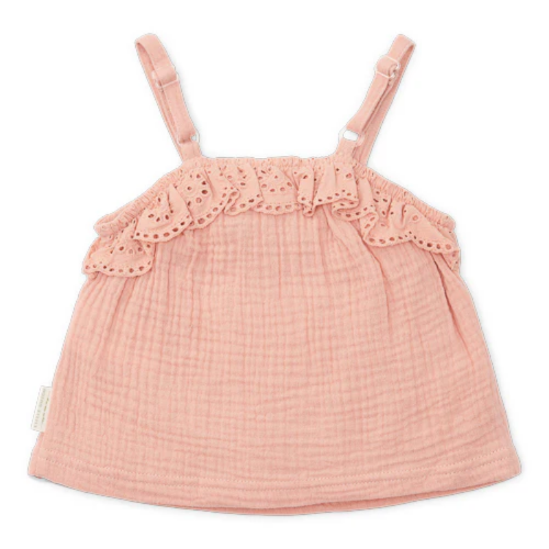Little Dutch Muslin Broderie Ruffle Top Flower - Pink