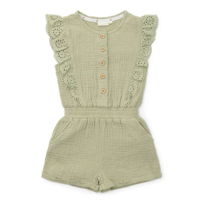 Little Dutch Girl's Muslin Broderie Jumpsuit Grass - Green