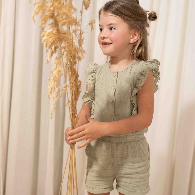 Little Dutch Girl's Muslin Broderie Jumpsuit Grass - Green