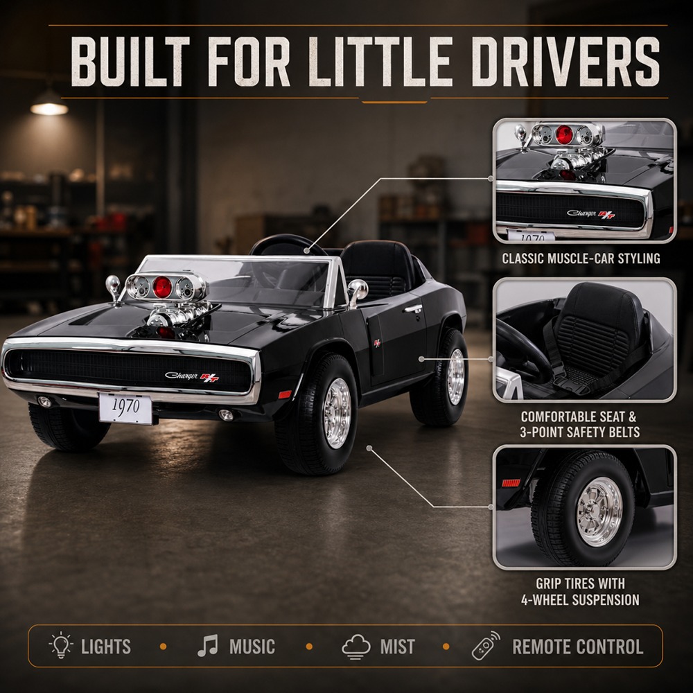 Factual Toys - 1970 Dodge 2 Seater Ride-On Car - Black - 12 V