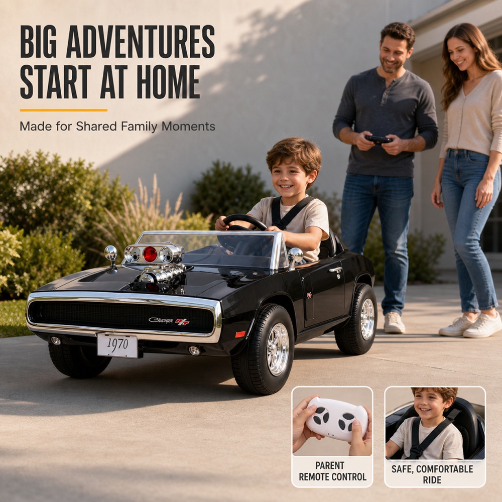 Factual Toys - 1970 Dodge 2 Seater Ride-On Car - Black - 12 V