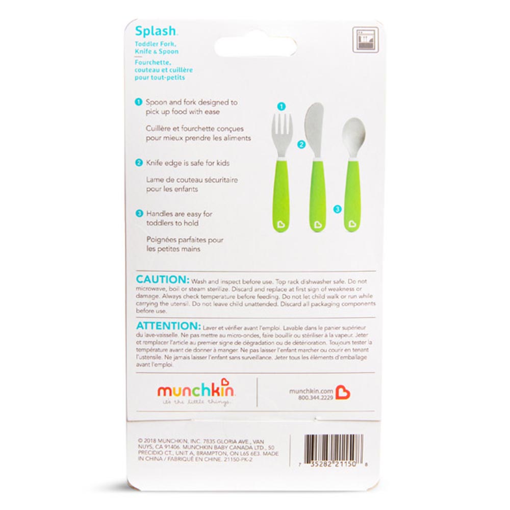 Munchkin Splash Toddler Fork, Knife & Spoon Set, Green 18m+