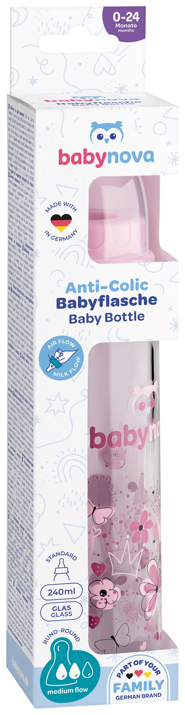 Babynova - Glass Baby Bottle - Pink - 240 ml