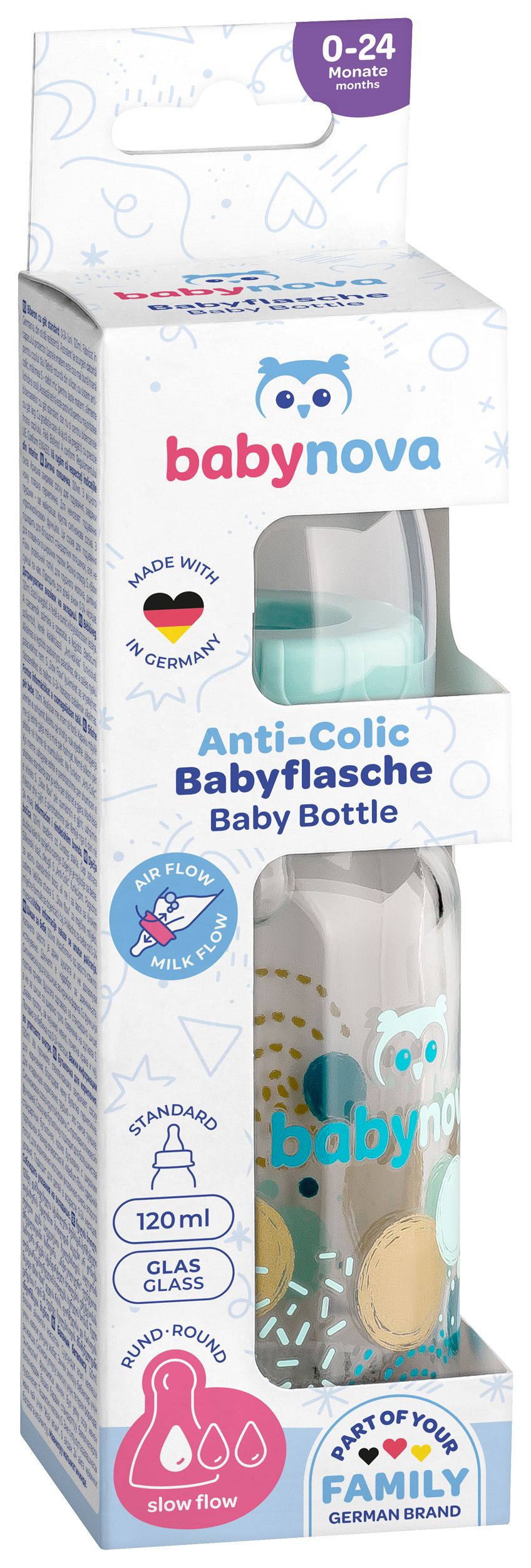 Babynova - Standard Neck Glass Baby Bottle - Blue - 120 ml