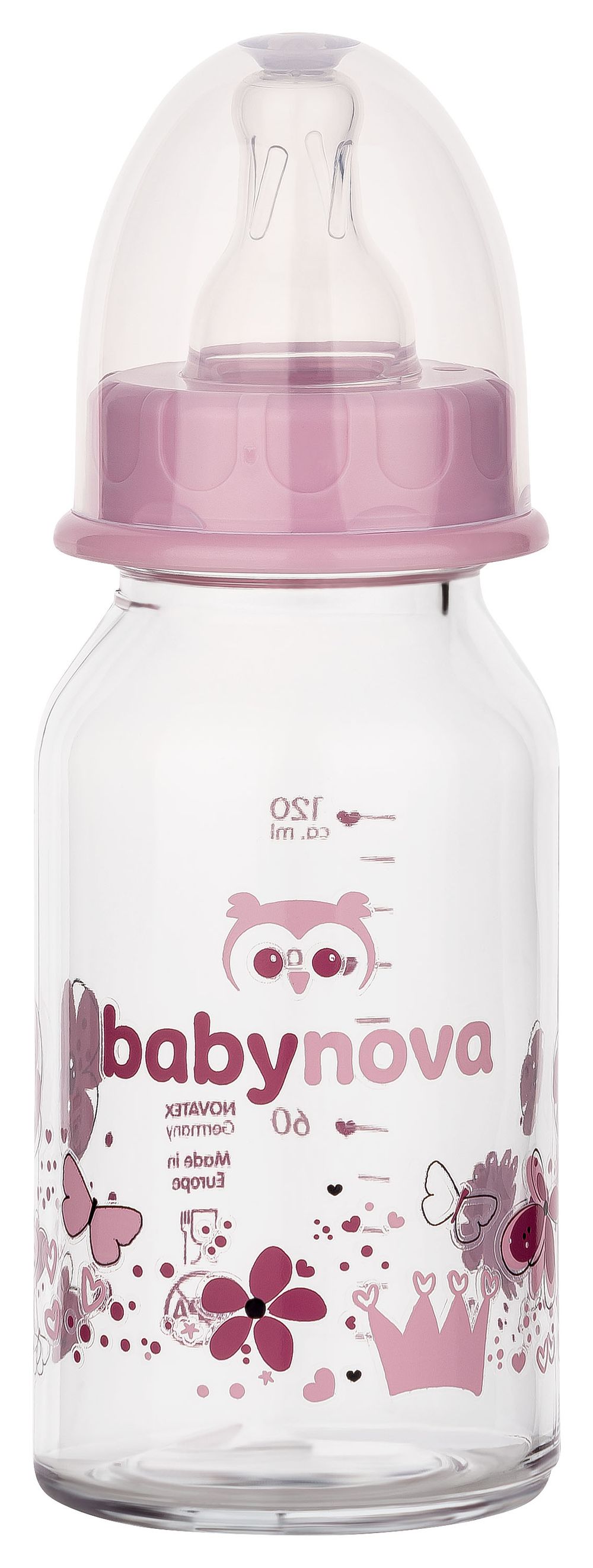Babynova - Standard Neck Glass Baby Bottle - Pink - 120 ml