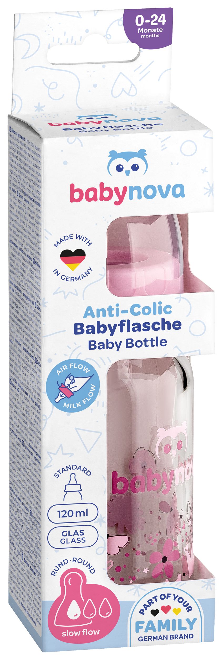 Babynova - Standard Neck Glass Baby Bottle - Pink - 120 ml