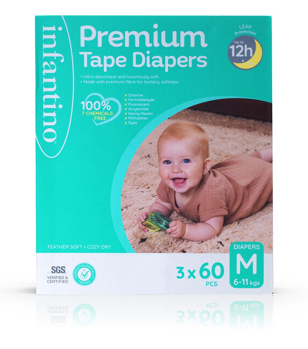 Infantino - Premium Tape Diapers - Super Jumbo Box - Medium - 6-11 kg - 180 Pcs