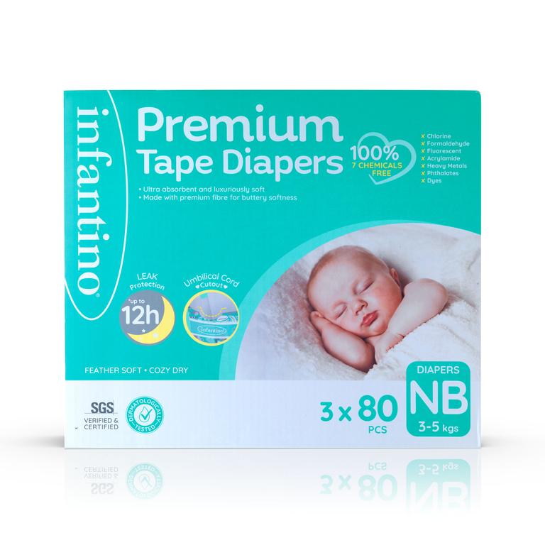 Infantino - Premium Tape Diapers - Super Jumbo Box - Newborn - 3-5 kg - Pack of 3 - 240 Pcs