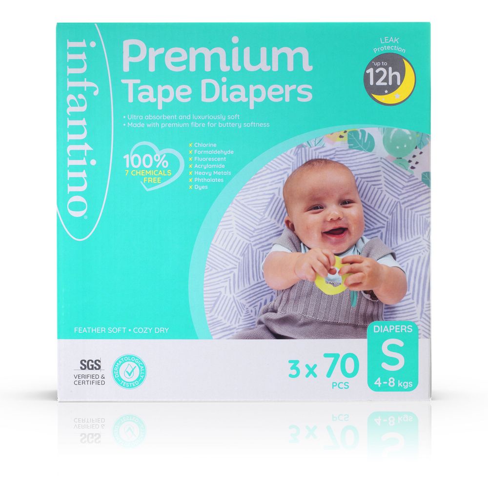 Infantino - Premium Tape Diapers - Super Jumbo Box - Small - 4-8 kg - 210 Pcs