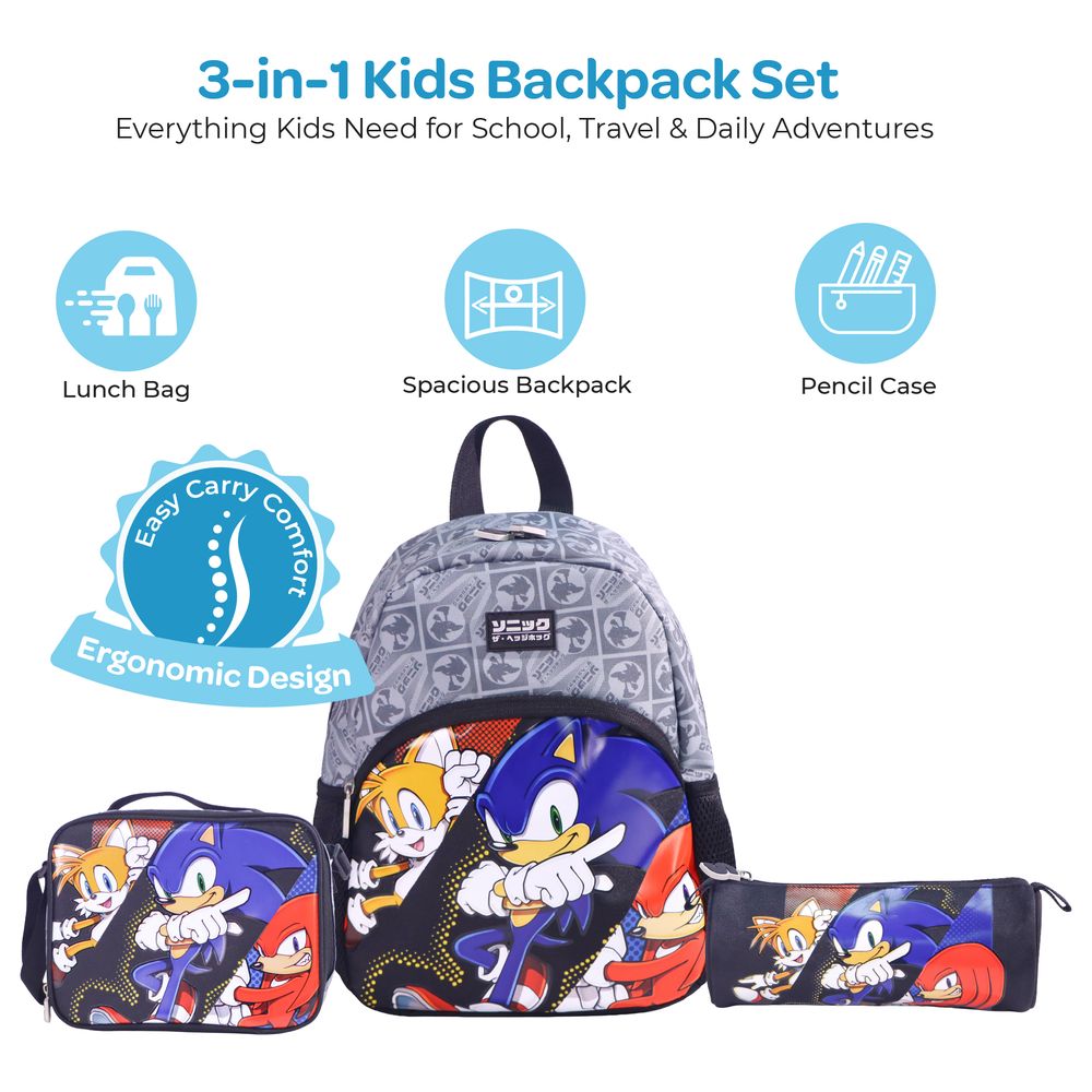 Moon - Kids Sonic The Hedgehog Backpack With Lunch Bag And Pencil Case - Black - 13-inch