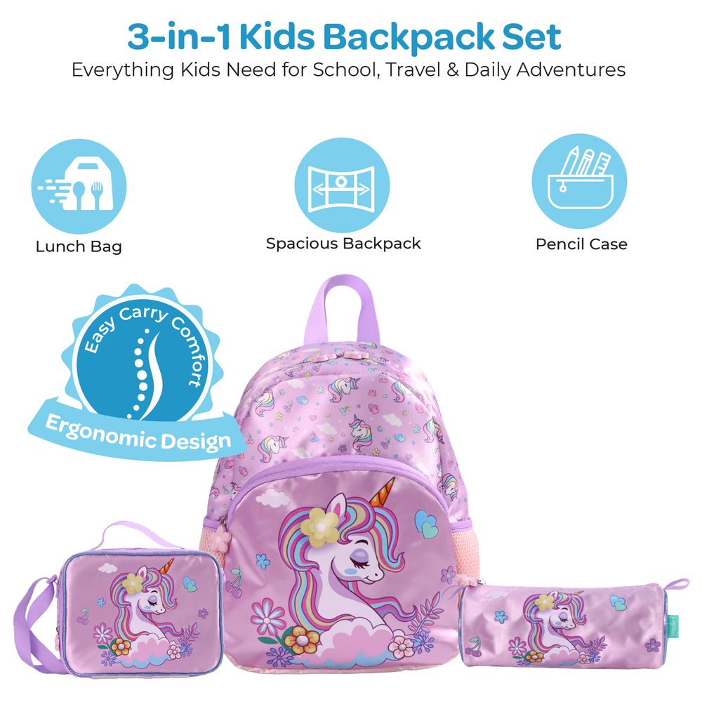 Moon - Kids Unicorn Backpack With Lunch Bag And Pencil Case - Purple - 13-inch