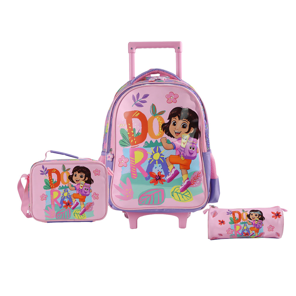 Moon - 3-In-1 Kids Licensed Dora The Explorer School Bag With Lunch Bag And Pencil Case - Pink - 16-Inch