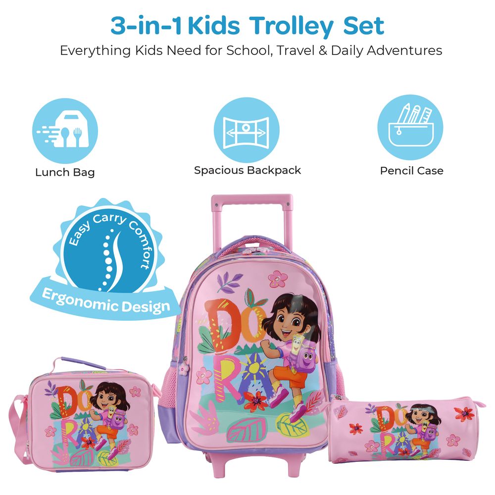 Moon - 3-In-1 Kids Licensed Dora The Explorer School Bag With Lunch Bag And Pencil Case - Pink - 16-Inch
