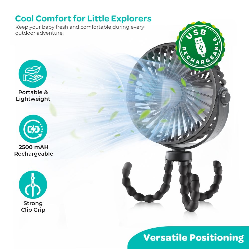 Moon - Baby Portable Clip-On Stroller Fan With Tripod Stand - Black