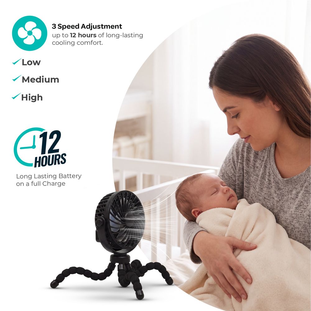 Moon - Baby Portable Clip-On Stroller Fan With Tripod Stand - Black