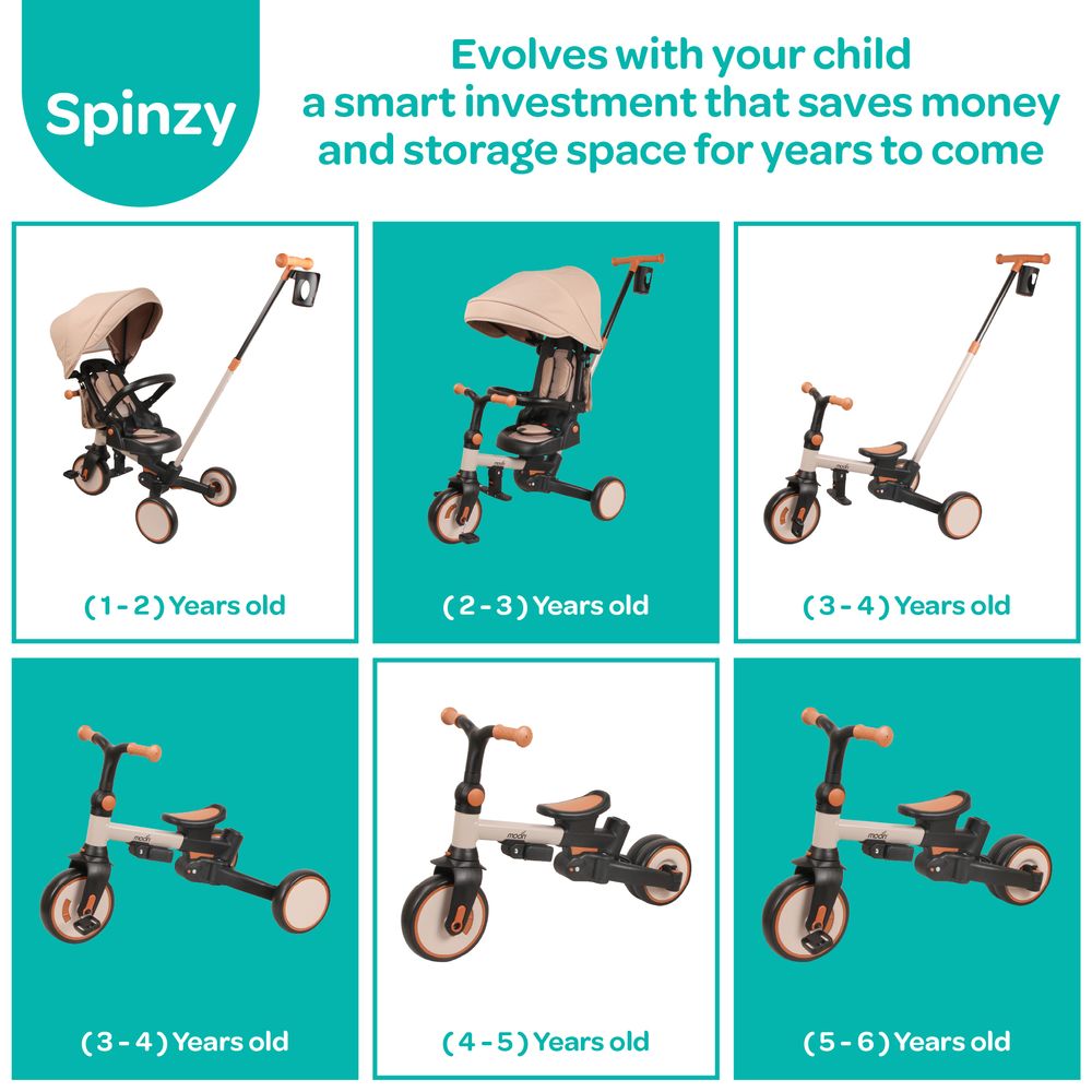 Moon - 7-in-1 Spinzy Convertible And Foldable Baby Tricycle - Beige