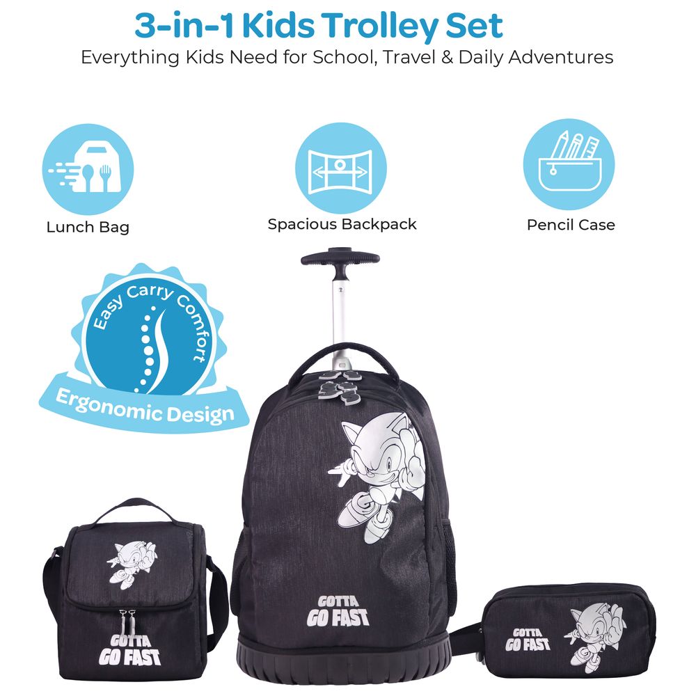 Moon - 3-In-1 Kids Licensed Sonic The Hedgehog School Bag With Lunch Bag And Pencil Case - Black - 18-Inch