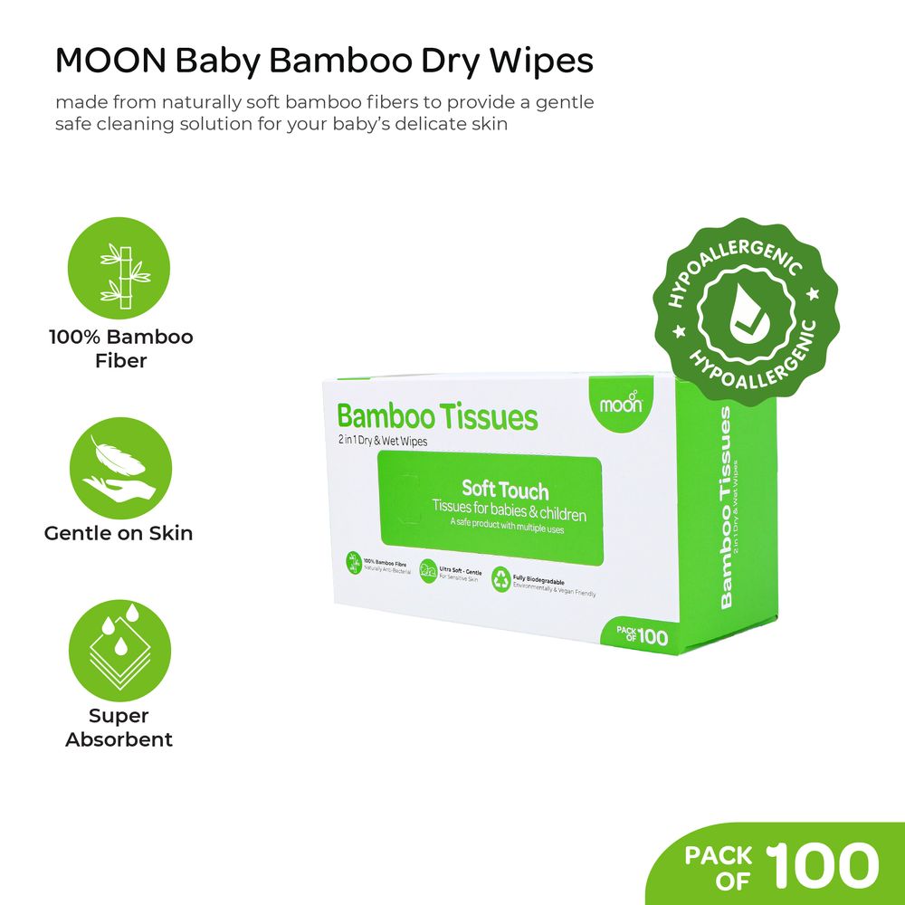 Moon - 2-in-1 Dry & Wet Bamboo Baby Wipes - 100 Pcs