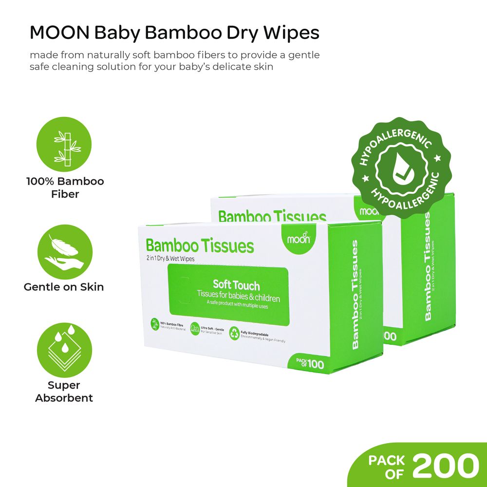 Moon - 2-in-1 Dry & Wet Bamboo Baby Wipes - White - 200 Pc Set
