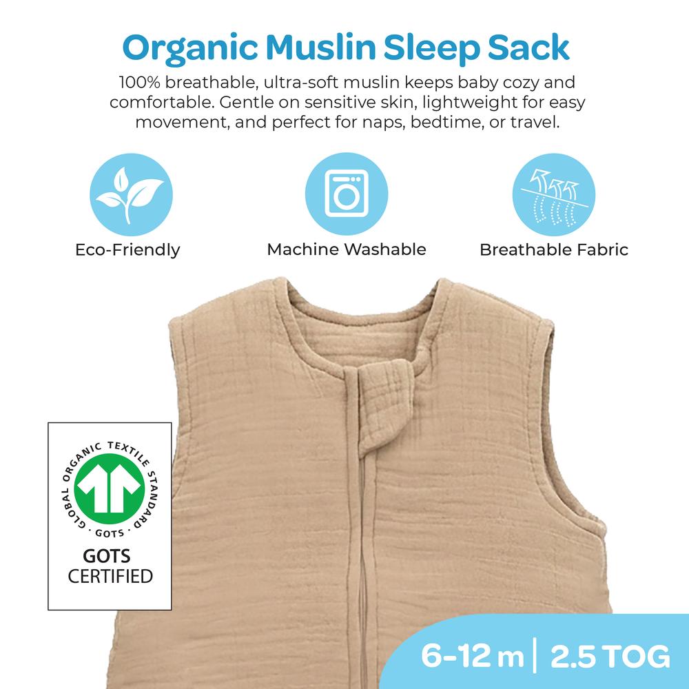 Moon - Baby Organic Crinkle Muslin Sleep Sack 2.5 Tog - Brown