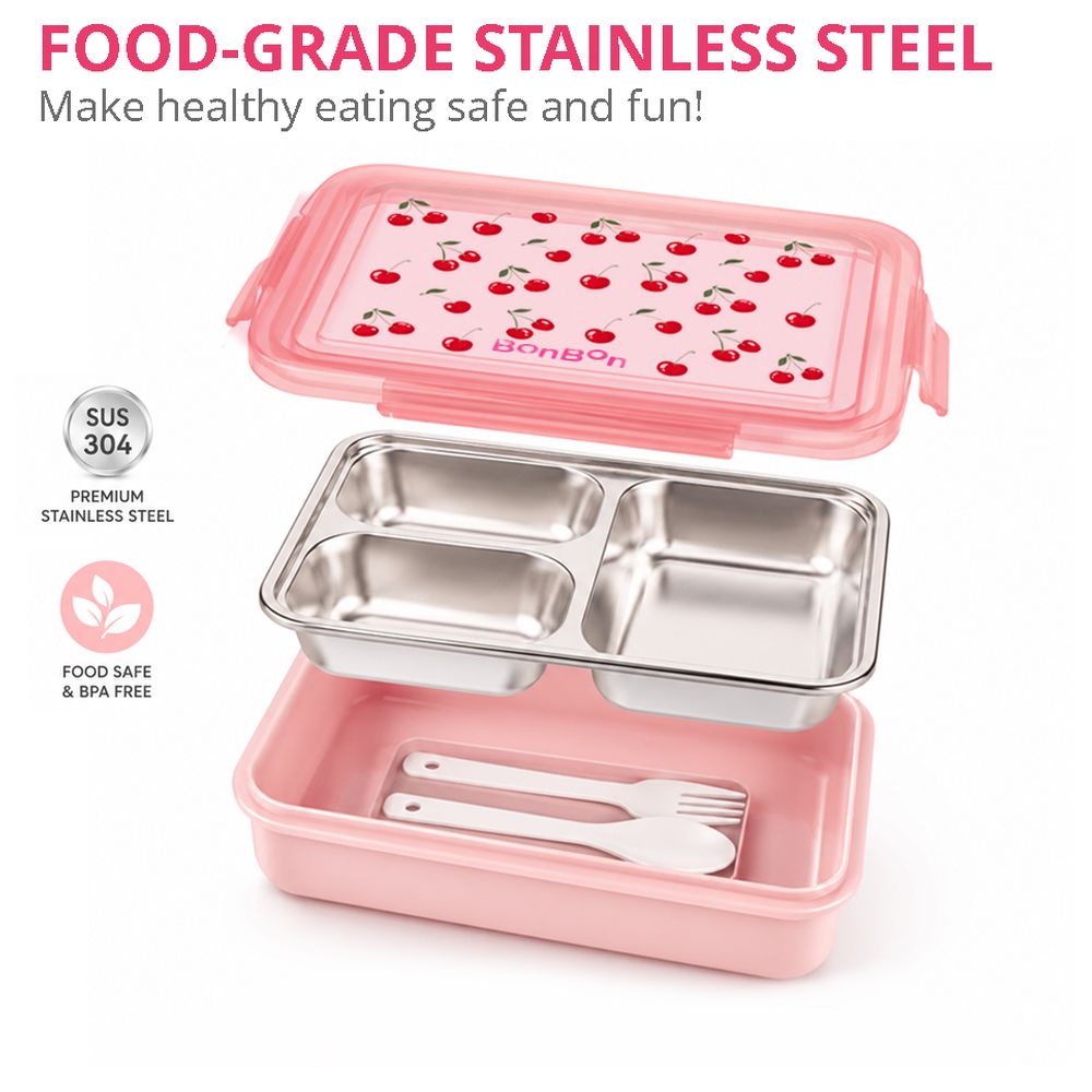 Bonbon - 3-Compartment Stainless Steel Lunch Box - Cherries 