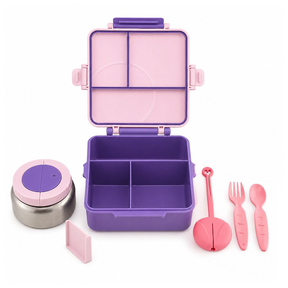 Bonbon - 3/4 Compartment Grand Lunch Box With Thermos Food Jar - Purple