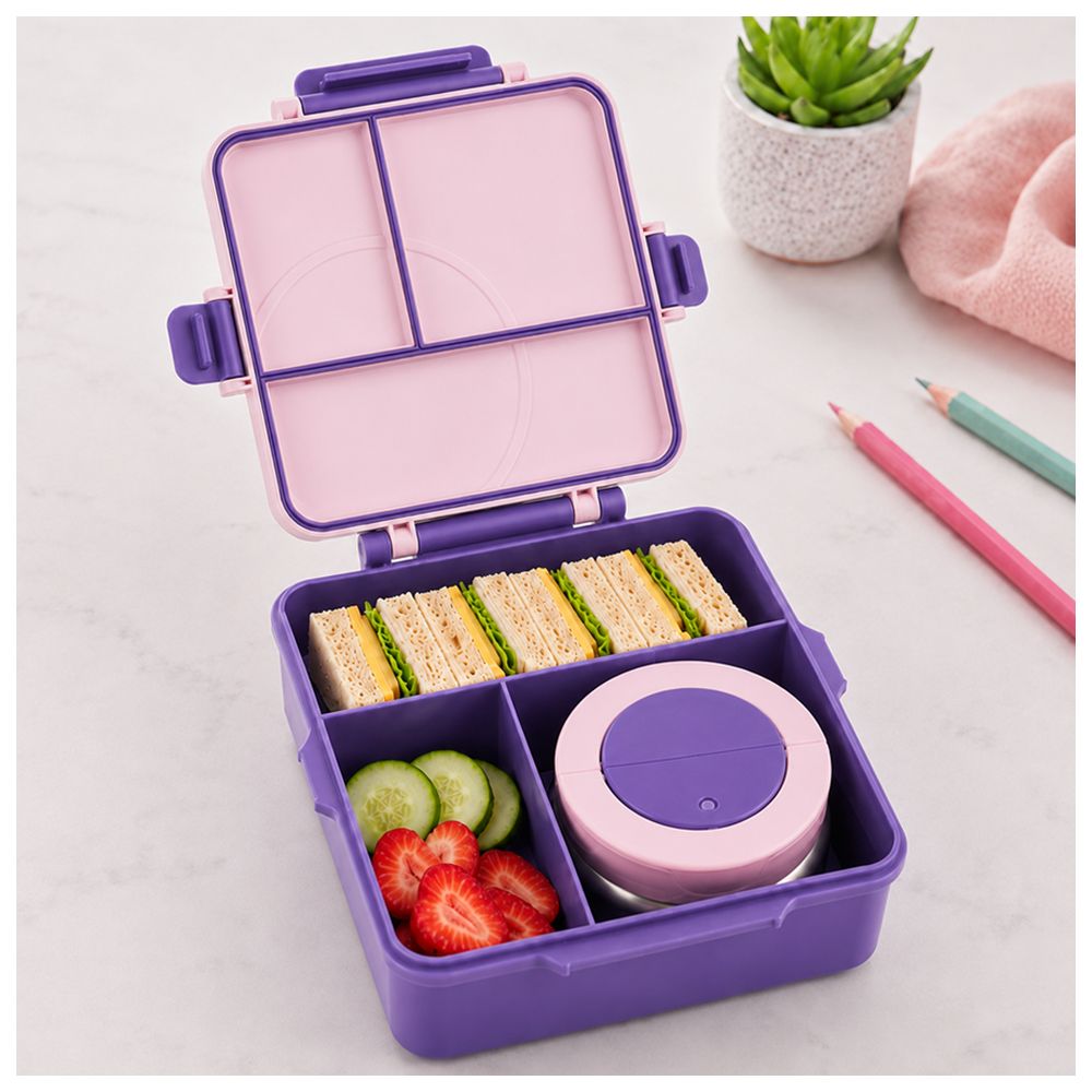 Bonbon - 3/4 Compartment Grand Lunch Box With Thermos Food Jar - Purple