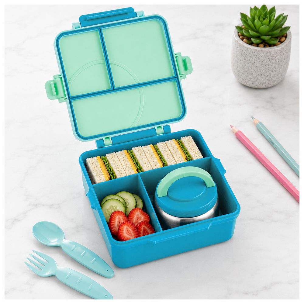 Bonbon - 3/4 Compartment Grand Lunch Box With Thermos Food Jar - Green