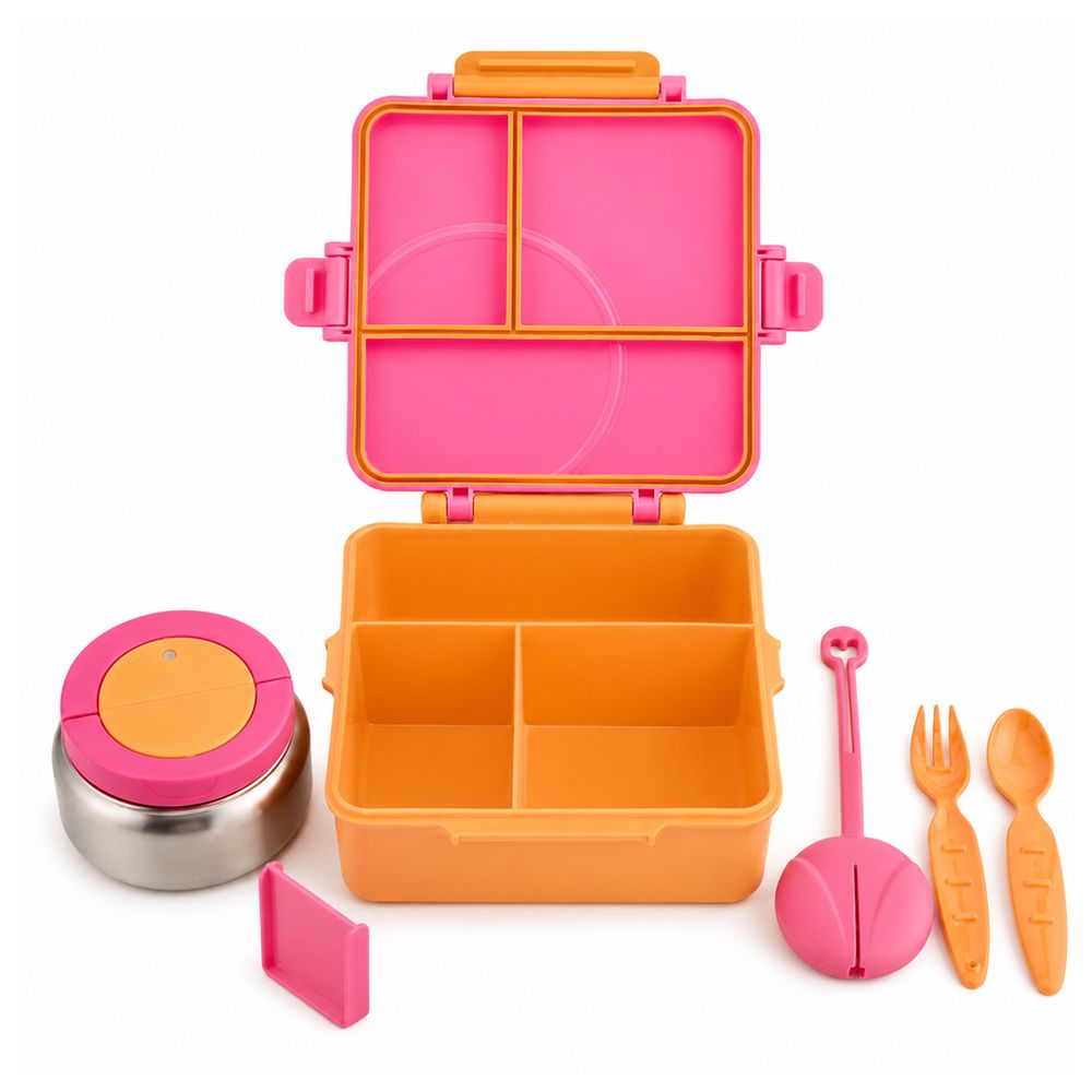 Bonbon - 3/4 Compartment Grand Lunch Box With Thermos Food Jar - Pink/Orange