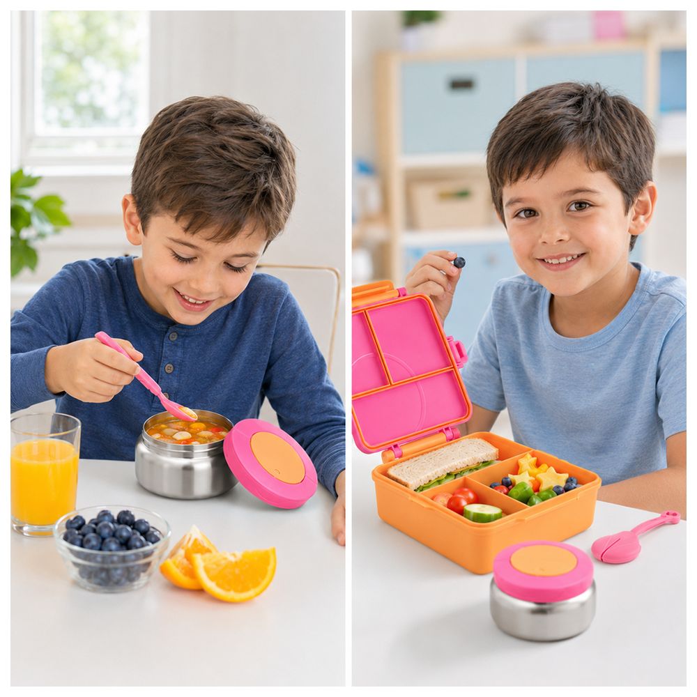 Bonbon - 3/4 Compartment Grand Lunch Box With Thermos Food Jar - Pink/Orange