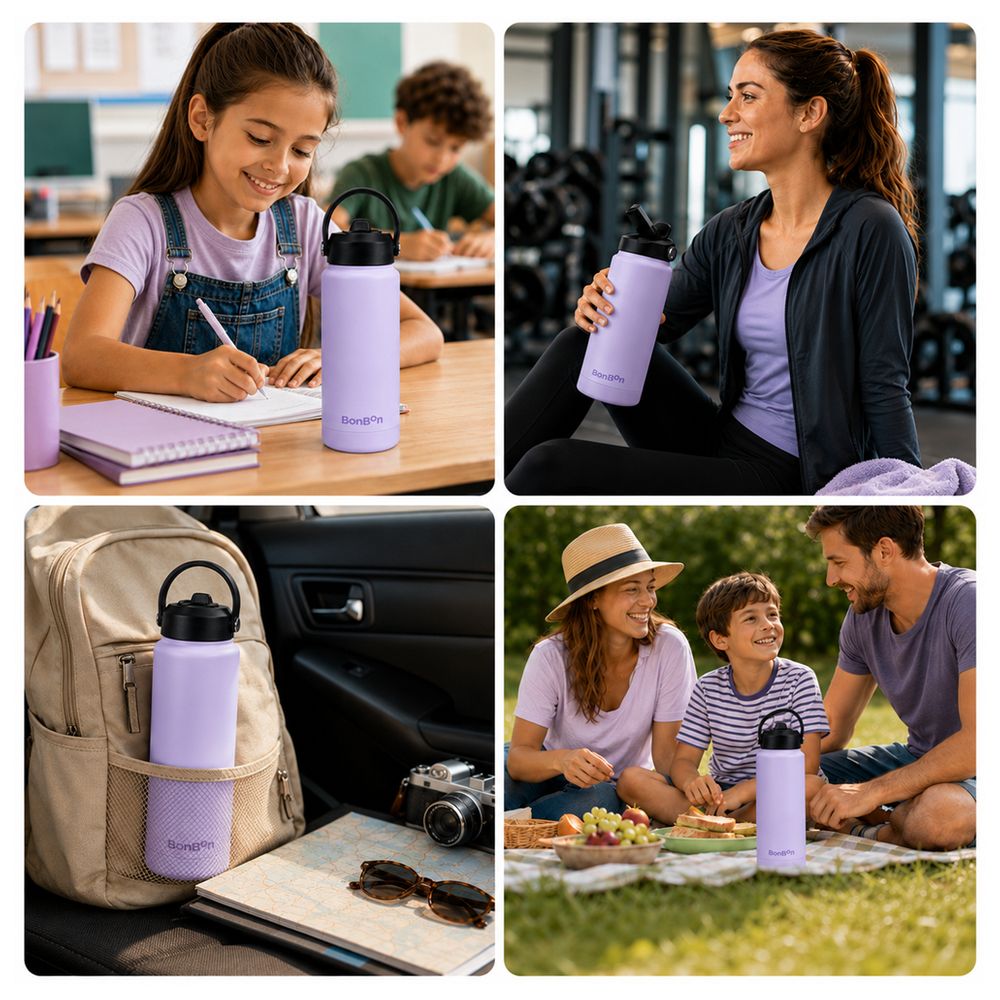 Bonbon - Steel Water Bottle With Straw Lid - Purple - 750 ml